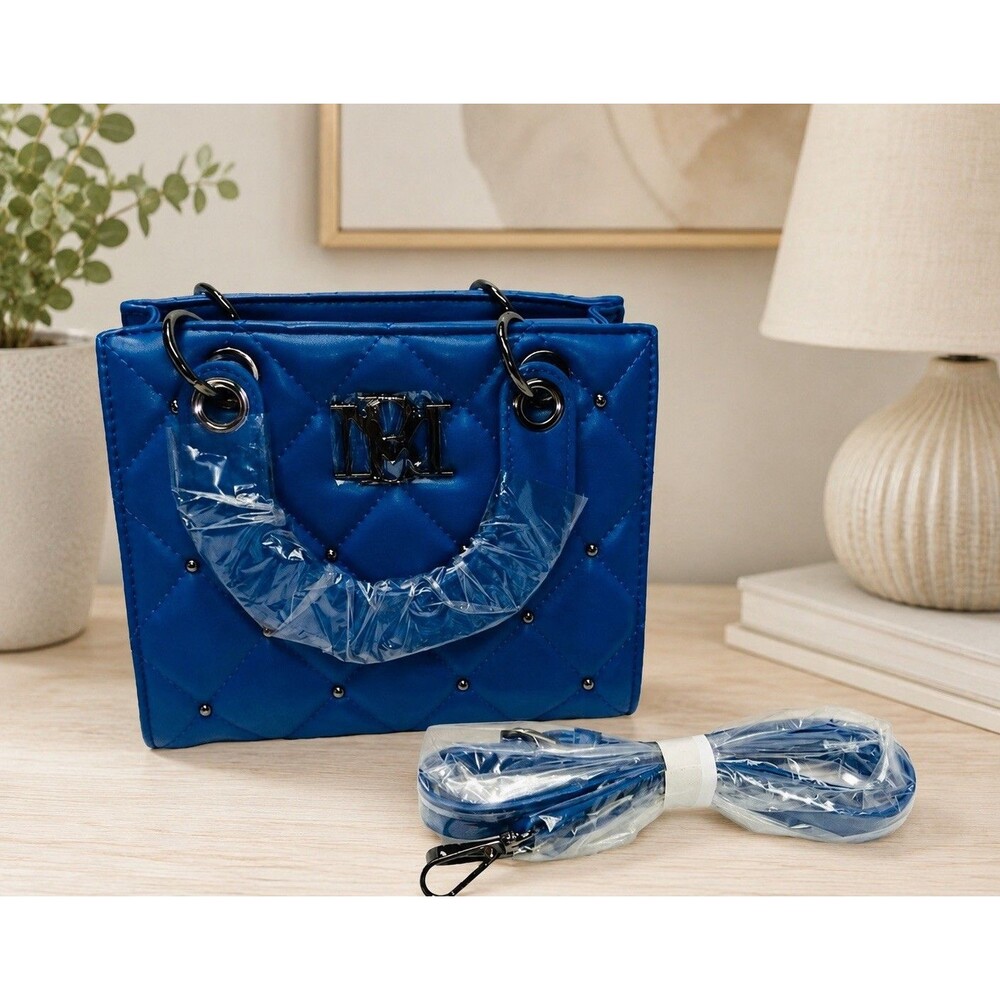 Badgley Mischka Blue Small Handle Quilted Studded Snap Close Tote Purse NWT $129